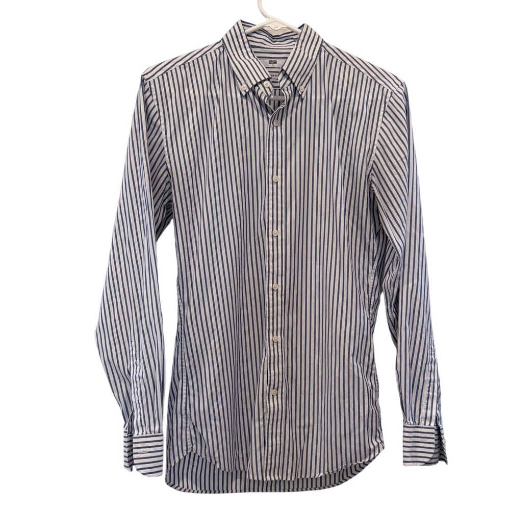 Uniqlo Mens Slim Fit Button Down Shirt Blue White Stripe Stretch Size Small
